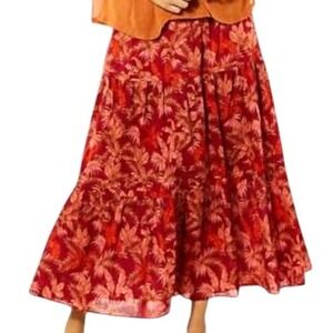 ANTTHONY Womens 3X 100% Cotton Red Orange Tropical Leaf Tiered Ruffle Maxi Skirt